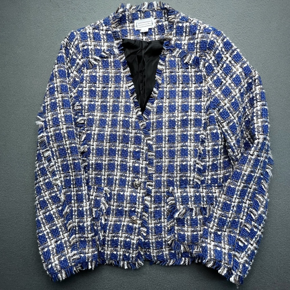 Loveriche Women Tweed Blazer Blue White Fringe Boucle Jacket‎ L Classic
